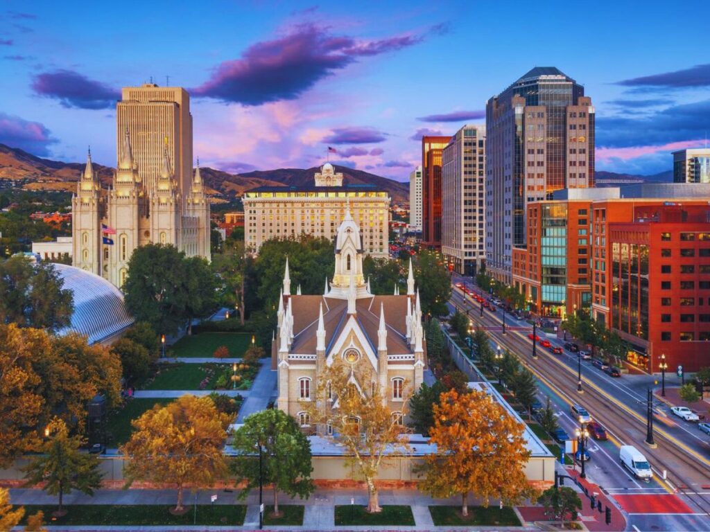 Downtown cityscape over Temple Square with autumn foliage, Salt Lake City, UT